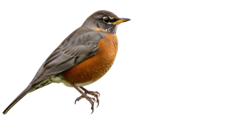Isolated American robin, perched, showing feathers and features in detail, beautiful bird