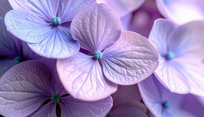 A macro view of several blooming purple hydrangea flowers, showcasing their delicate petals and central stamen with a soft, blurred background.