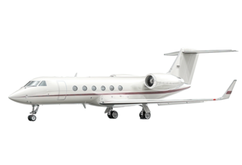 A side view of a large, white private jet on the ground, against a transparent background