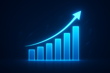 Abstract bar chart with blue glowing light showing business profit growth with upward moving arrow graph representing future financial success and data analysis on dark background