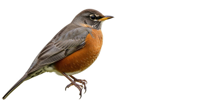 Isolated American robin, perched, showing feathers and features in detail, beautiful bird