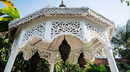 Ornate white gazebo with intricate carvings and hanging lanterns. Lush greenery surrounds it