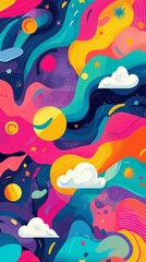 Colorful Abstract Design Featuring Waves and Sun Shapes in Bright Hues.