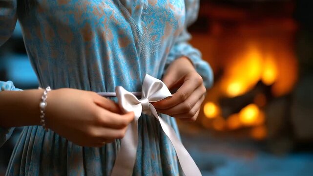 Faceless cozy moment &mdash; hands adjusting a small bow on a dress, blurred background of firelight and wooden textures, with copy space.