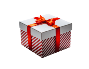 white gift box with red bow and ribbon isolated on transparent background, png