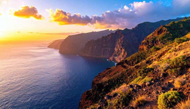 A breathtaking sunset casts a warm golden glow over a dramatic coastline with towering cliffs meeting the deep blue ocean.