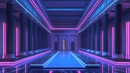 Neon-lit colonnaded hall with pool