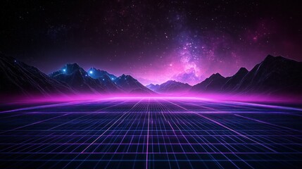 A vibrant digital landscape at night, with mountains under a starry sky, lit by neon-pink and blue light.  Grid lines crisscross the foreground