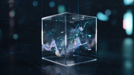 Transparent cube with holographic charts symbolizing financial clarity and intelligence