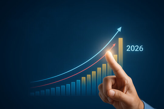 Hand pointing at a financial bar chart with two upward trend lines and the number 2026 indicating strong future growth, investment foresight, economic forecast, and business goals planning