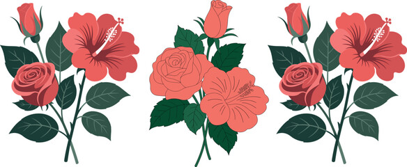 Beautiful Floral Bouquet Illustration Set with Roses and Hibiscus in Vibrant Colors