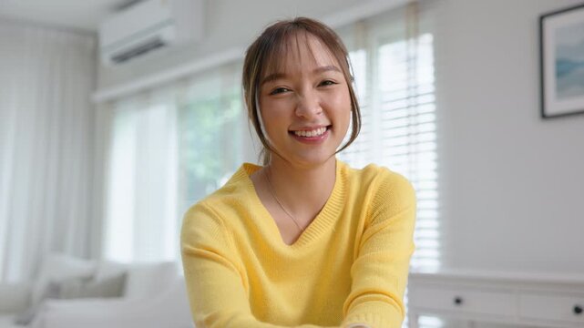 Work from home office desk asia people digital nomad young gen z teen female smile look at camera sit self relax tech talent remote career life balance happy hybrid stock trader job study learn online - Powered by Adobe