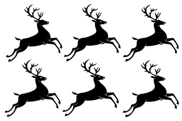 set of Reindeer running silhouette isolated on white background