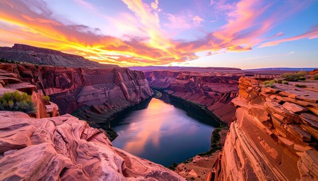 A breathtaking sunset paints the sky with fiery oranges and pinks over the iconic Horseshoe Bend, a dramatic canyon carved by the Colorado River.