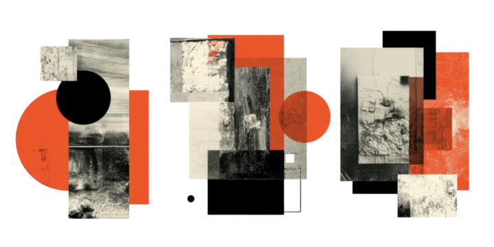 Three panels with geometric compositions of overlapping shapes, textures, and color