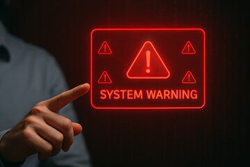 System warning neon glowing sign displayed on digital screen with large exclamation mark and hand pointing at security alert or server malfunction