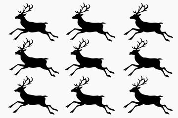 Reindeer running pack silhouette isolated on white background