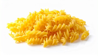 A pile of uncooked yellow fusilli pasta with spiral shapes, displayed on a clean white surface.