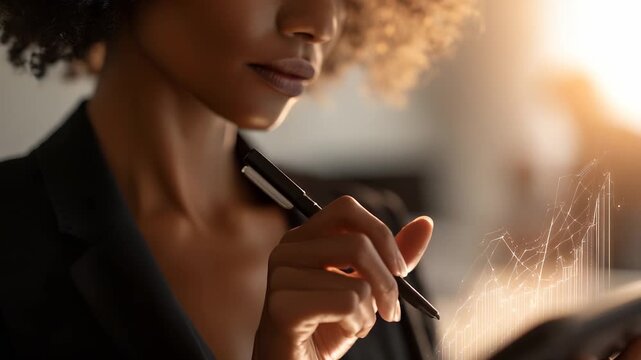 Close-up of woman holding stylus near face. Tablet shows graph and chart. Business concept of planning future. Woman thinking before writing, preparing to analyze data and draw financial growth plans. - Powered by Adobe