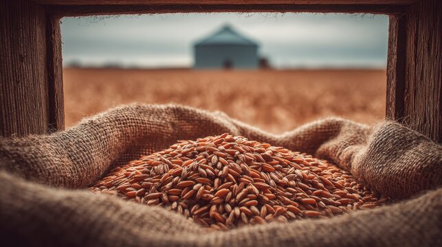 Grain in burlap sack with silo and field