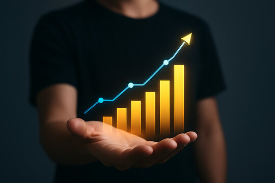 Hand holding a holographic orange and yellow bar chart with a bright blue upward line graph illustrating continuous business growth, financial planning, investment return, and future progress
