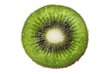 Close-up of a kiwi fruit slice, vibrant green flesh, showing the seedy interior
