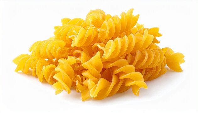 A pile of uncooked yellow fusilli pasta with spiral shapes, displayed on a clean white surface.