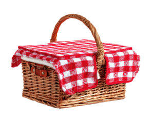 Woven basket with a red and white checkered cloth lid and a handle, isolated on black