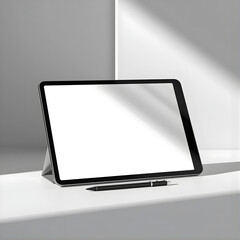 Top View Tablet Mockup with Stylus on White Desk – Clean Workspace Template, Realistic Tablet Mockup for App UI/UX Design – Minimal Desk Setup, Digital Tablet with Stylus Mockup – Flat Lay Workspace P