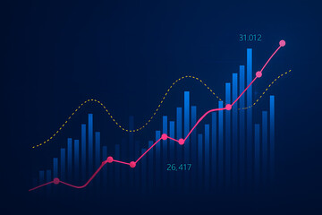 Abstract financial market stock chart displaying growth and success with blue bars and a positive upward trend pink line with data points on dark background