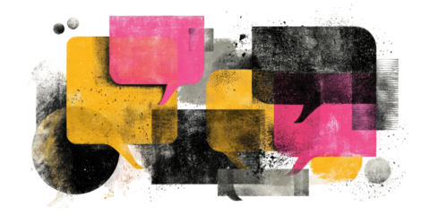Colorful conversation bubbles overlapping textured backgrounds on a black backdrop
