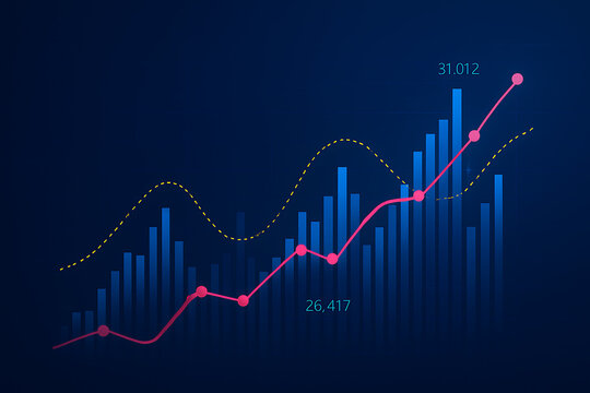 Abstract financial market stock chart displaying growth and success with blue bars and a positive upward trend pink line with data points on dark background