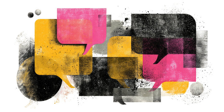 Colorful conversation bubbles overlapping textured backgrounds on a black backdrop