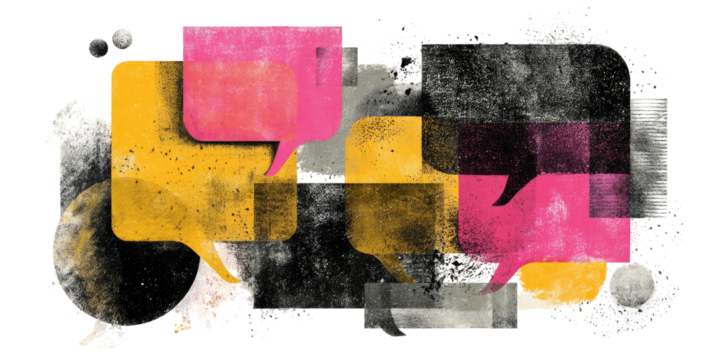 Colorful conversation bubbles overlapping textured backgrounds on a black backdrop