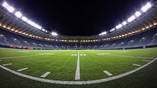 Wide-angle shot of an illuminated football stadium at night, capturing the expansive field and seating, ideal for a sports video backdrop.