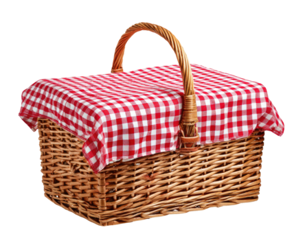 A woven wicker picnic basket with a red and white checkered cloth covering the top