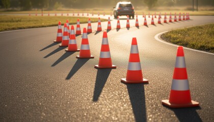 Car maneuvering through an outdoor obstacle course formed by many orange traffic cones on an asphalt road during a driving lesson, creating long shadows in the late afternoon sun