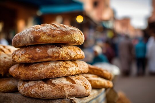 Freshly Baked Bread Stacked in a Busy Market During Lunchtime in a Vibrant City.
