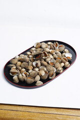 Small Clam Shells or called kerang darah in Asia On Black Plate Create Coastal Seafood Display For Food Styling