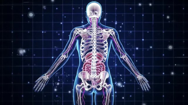 Side view 3D animation of a human skeleton and internal organs, illustrating the body&rsquo;s structure and system alignment. Suitable for education, medical visuals, and biology presentations.