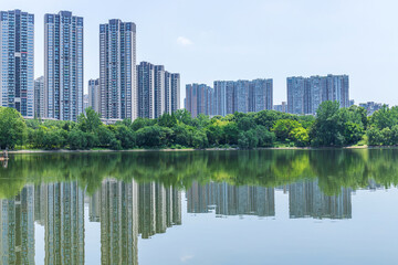 The lake and architectural scenery of Donghu Park in Chengdu, Sichuan Province, China