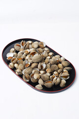 Small Clam Shells or called kerang darah in Asia On Black Plate Create Coastal Seafood Display For Food Styling