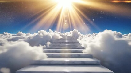 Ascending to Heaven: White Stairway Among Clouds Leading to Shining Light, Hopeful & Spiritual Journey