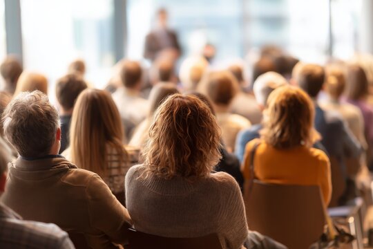 Crowd Attending a Conference in a Large Hall During a Business Event in the Evening.