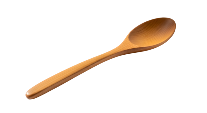 A clean, minimalistic image of a single wooden spoon placed diagonally on a pure white background