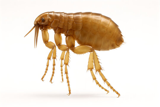 Photorealistic 3D anatomy of Ctenocephalides felis (cat flea), dorsal view, laterally compressed body, distinct pronotal and genal combs (ctenidia), long jumping hind legs with enlarged femur&ndash;tibia