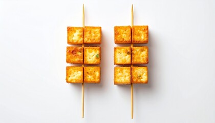 Two wooden skewers with golden-brown tofu cubes arranged symmetrically on a white background