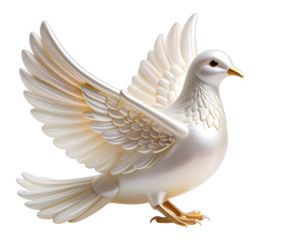 A beautiful white dove with wings spread wide in flight symbolizing peace and hope.