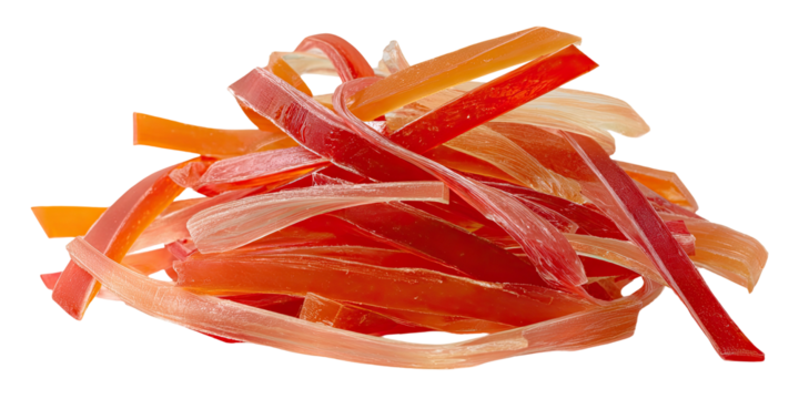 A close-up shot of a pile of vibrant, multi-colored fruit strips against a black background - Powered by Adobe