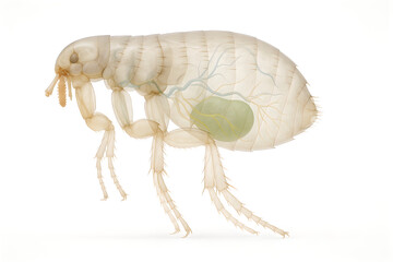 Photorealistic 3D anatomy of Ctenocephalides felis (cat flea), dorsal view, laterally compressed body, distinct pronotal and genal combs (ctenidia), long jumping hind legs with enlarged femur–tibia
